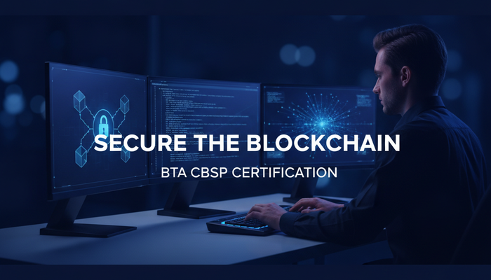 Cybersecurity professional securing blockchain systems while preparing for the BTA CBSP exam