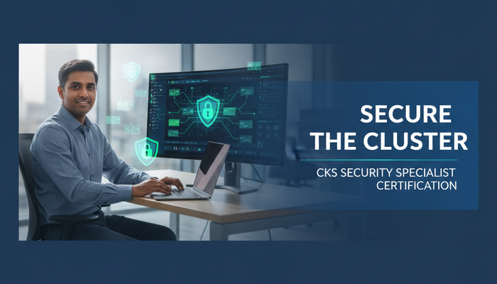 Real platform security engineer at a container security dashboard with padlock shields, preparing for the CKS Kubernetes Security Specialist certification
