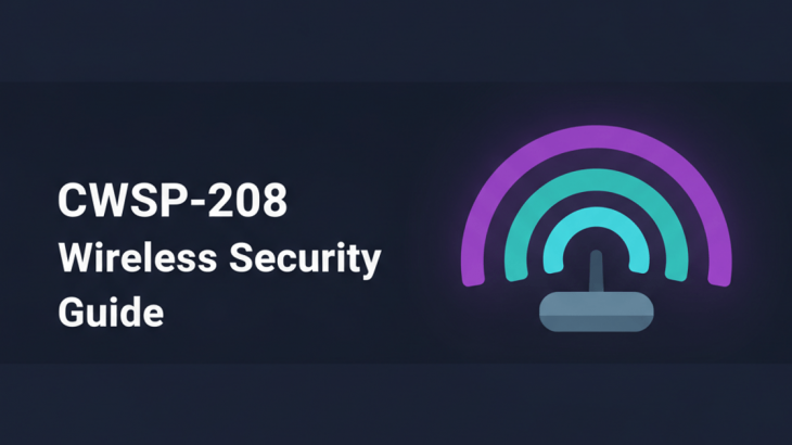 CWNP CWSP-208 study guide — flat wireless signal arcs in teal, cyan and violet above an access point on indigo navy