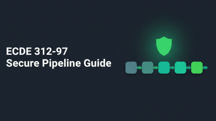 EC-Council ECDE 312-97 study guide — flat pipeline of four stages under an emerald security shield on charcoal navy