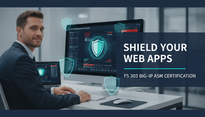 Real security engineer at a web application firewall dashboard with blocked-attack alerts and shields, preparing for the F5 303 BIG-IP ASM Specialist certification
