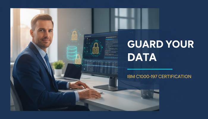 Real data security officer at a data-activity monitoring dashboard with a locked database, preparing for the IBM C1000-197 Guardium certification