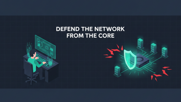 Isometric illustration of a network security engineer securing routing while a hardened core node with a shield protects network segments from blocked threats, headline Defend the Network From the Core