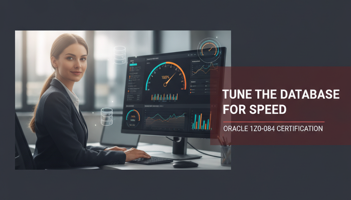 Real Oracle database administrator at a monitor showing performance dashboards and a speed gauge, preparing for the Oracle 1Z0-084 Performance Tuning certification