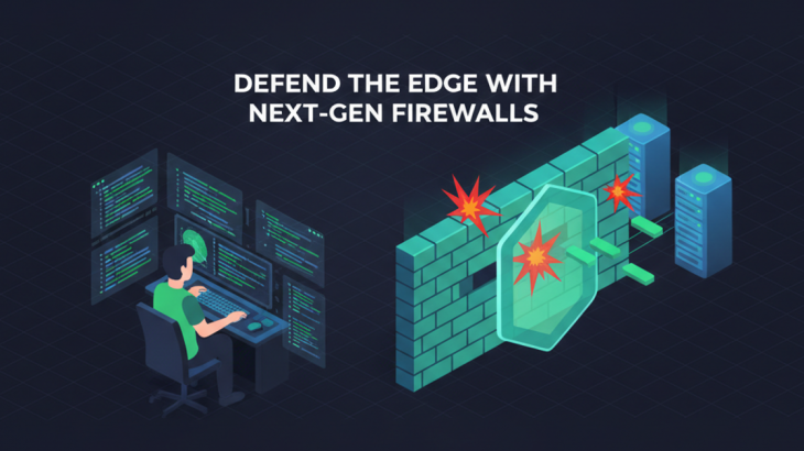 Isometric illustration of a network security engineer at multiple monitors beside a next-generation firewall blocking threats at the network edge, headline Defend the Edge With Next-Gen Firewalls