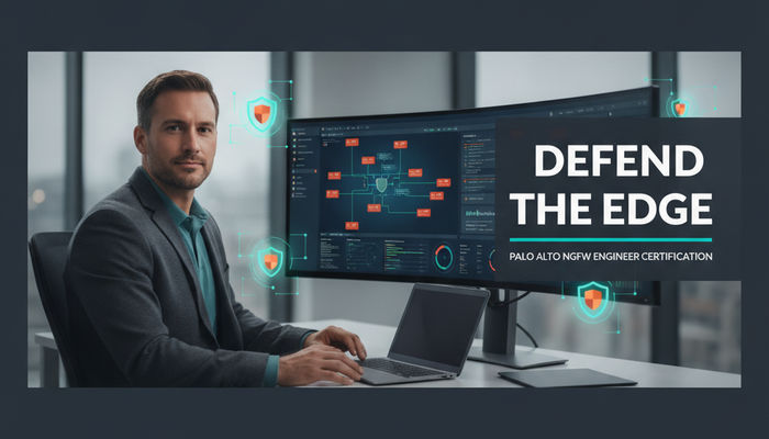 Real network security engineer at a next-generation firewall console with blocked-threat alerts, preparing for the Palo Alto NGFW-Engineer certification