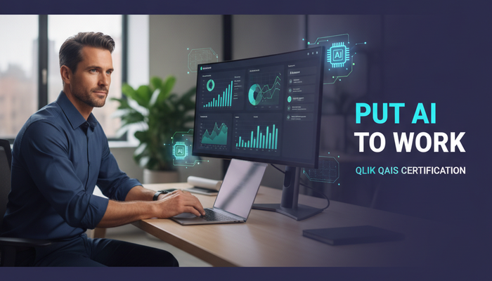 Real analyst at an AI-assisted analytics dashboard, preparing for the Qlik QAIS AI Specialist certification
