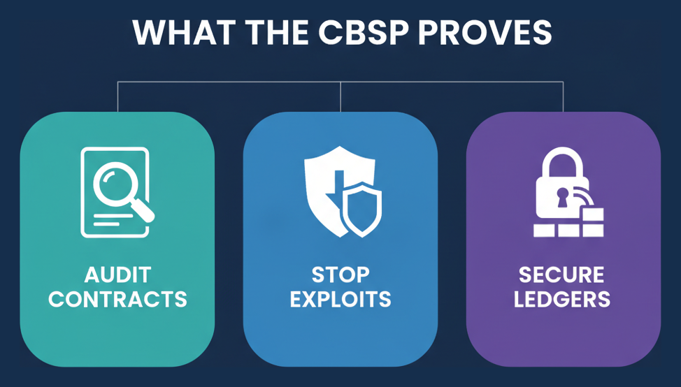 Infographic: what the CBSP proves - audit contracts, stop exploits, secure ledgers
