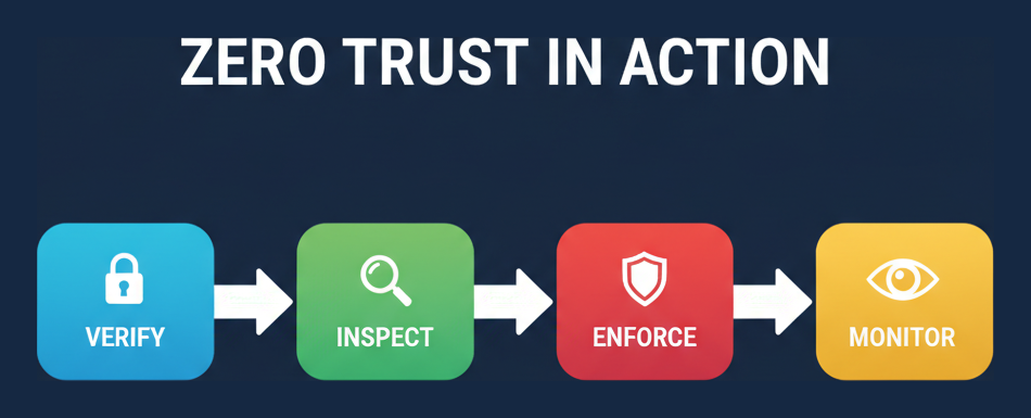 Infographic: zero trust in action - verify, inspect, enforce, monitor