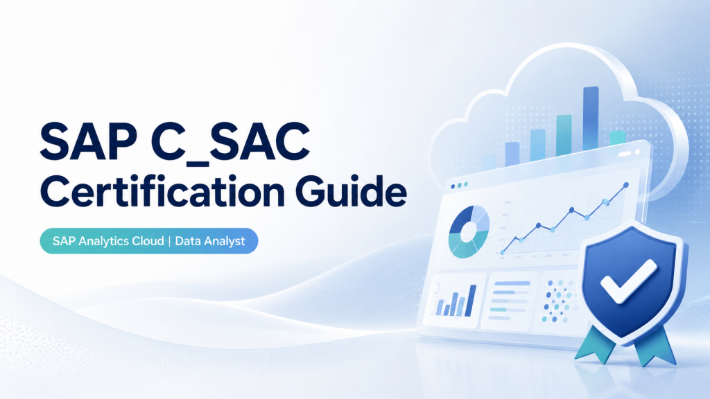 SAP C_SAC certification guide showcasing cloud analytics dashboard, data charts, and a verified data analyst badge icon.