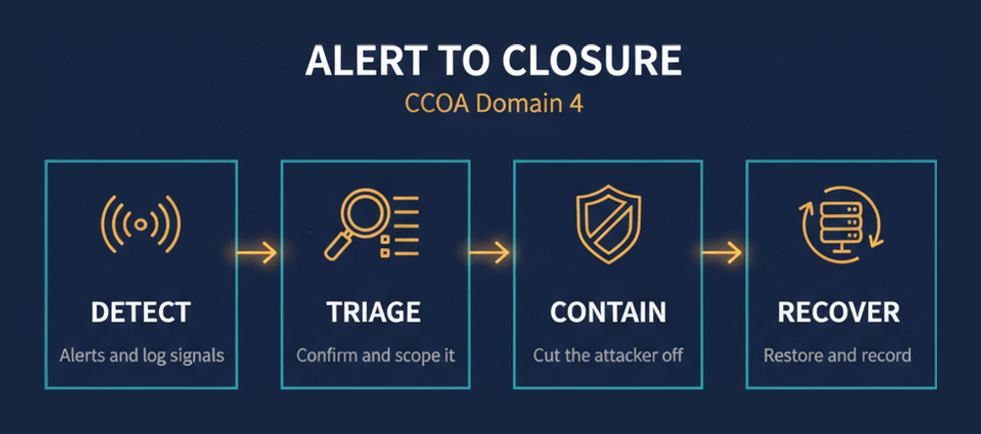 CCOA Domain 4 incident workflow showing detect, triage, contain and recover stages