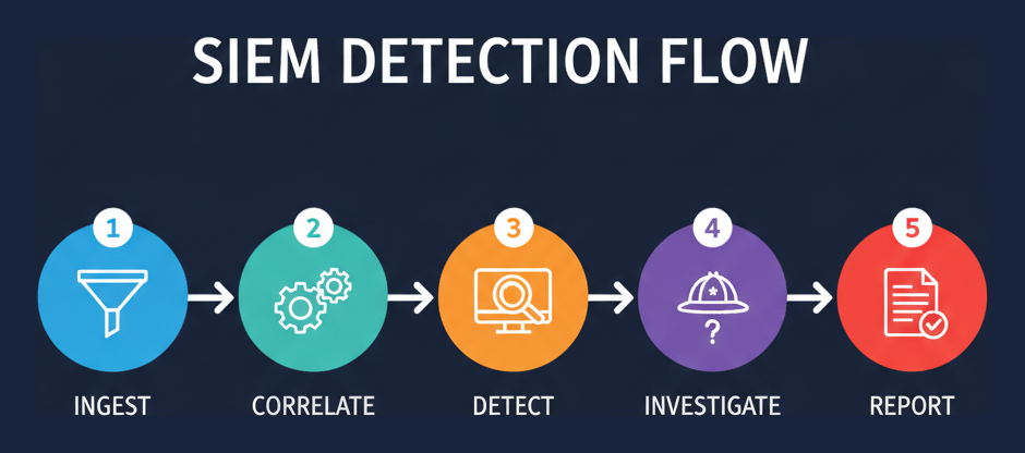 SIEM detection flow: ingest, correlate, detect, investigate, report