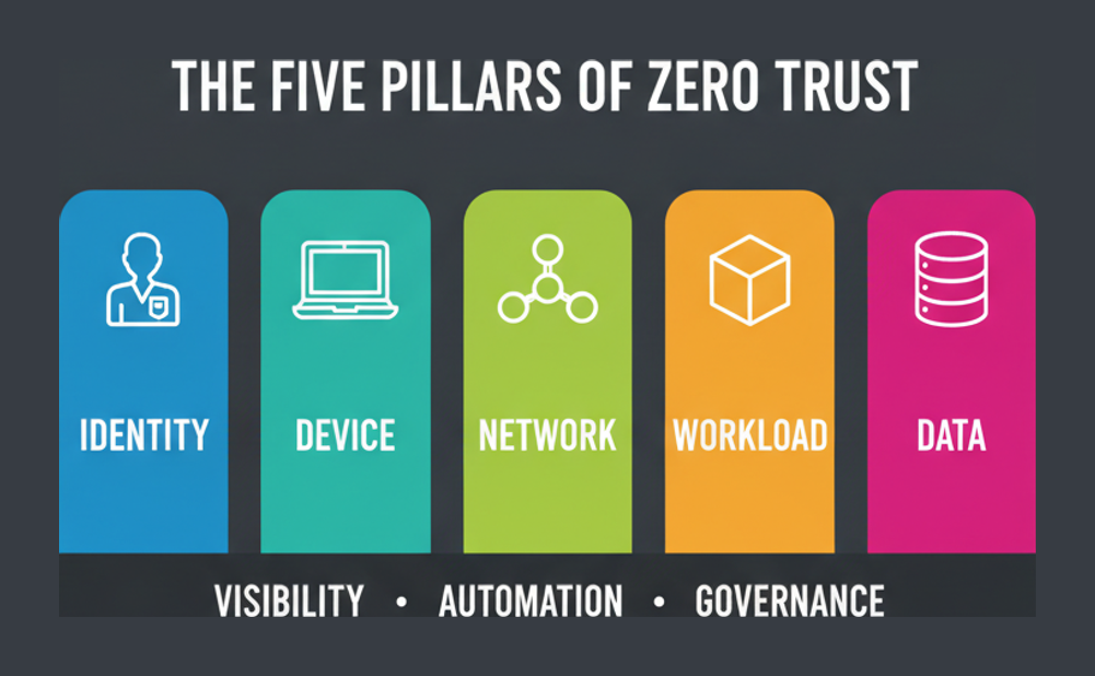 The five zero trust pillars and three cross-cutting capabilities tested in the CCZT exam