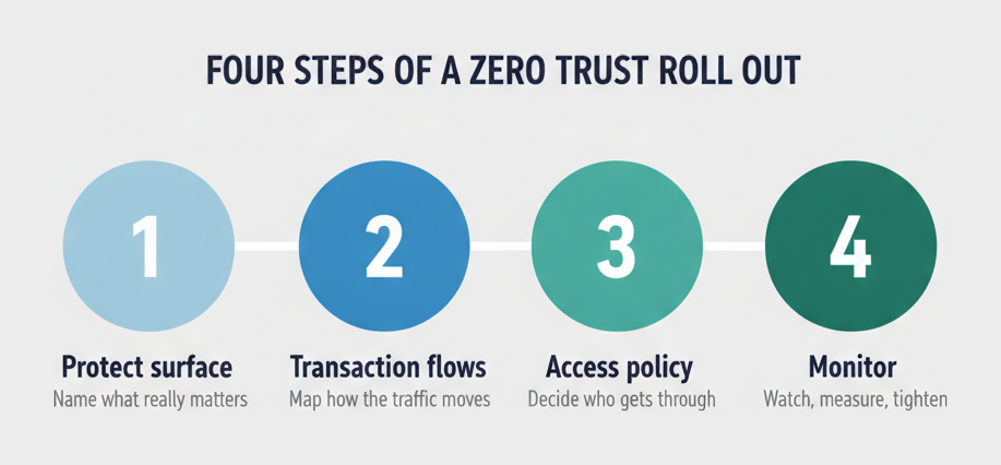 Four steps of a zero trust roll out: protect surface, transaction flows, access policy and monitoring