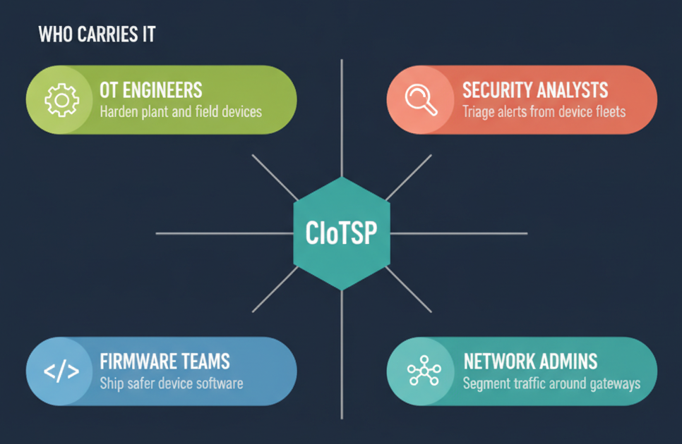 Five roles that benefit from the CIoTSP credential: OT engineers, security analysts, developers, network engineers and architects