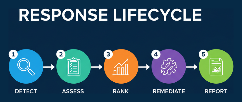 Vulnerability response lifecycle: detect, assess, rank, remediate, report