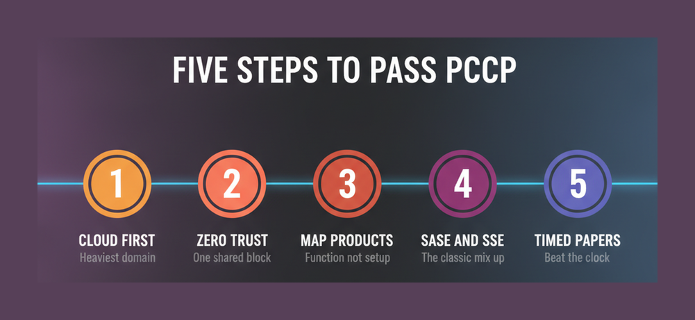 Five step PCCP preparation roadmap covering cloud first, zero trust, mapping products, SASE and SSE, and timed practice papers
