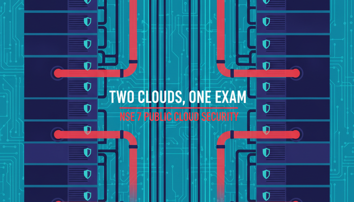 Fortinet NSE7_CDS_AR-7.6 public cloud security architect exam banner showing firewall appliances deployed across two cloud regions