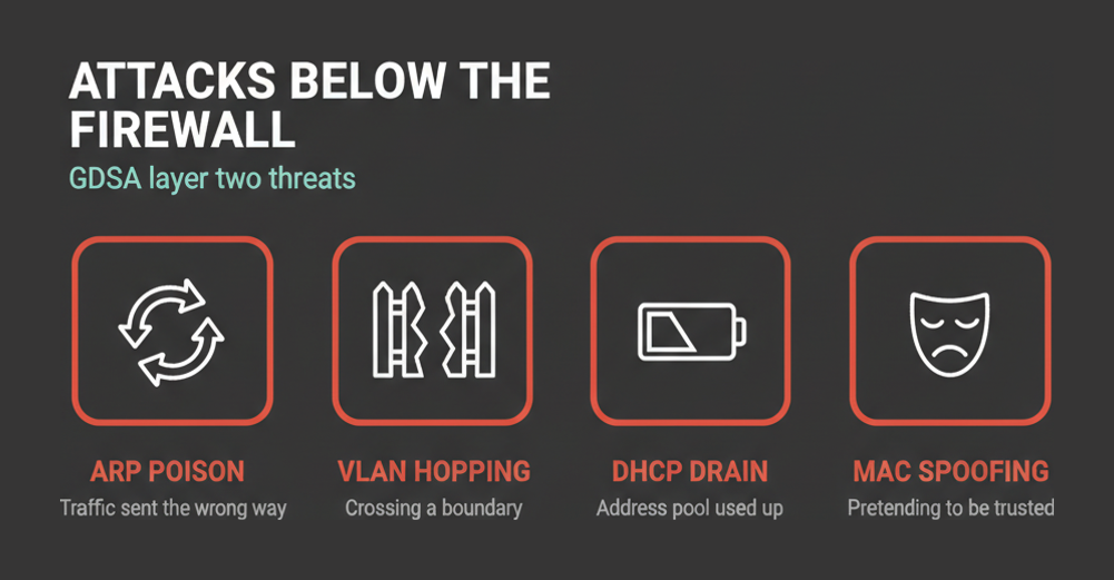 Four Layer 2 attacks tested by GDSA: ARP poisoning, VLAN hopping, DHCP starvation and MAC spoofing