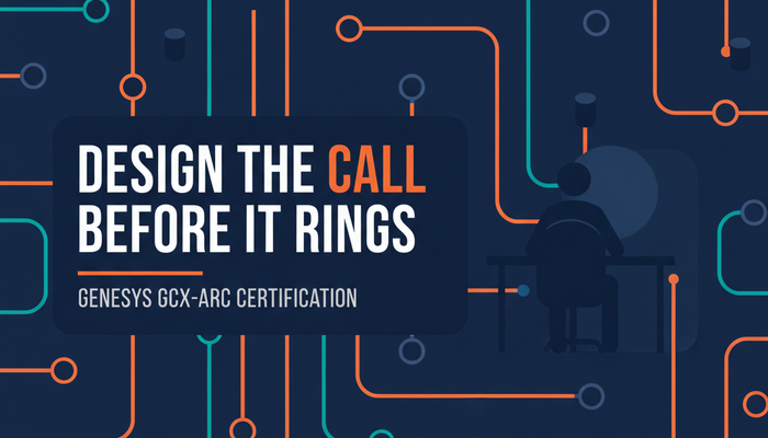 Genesys GCX-ARC Cloud CX Architect certification banner showing a call flow branching into external systems
