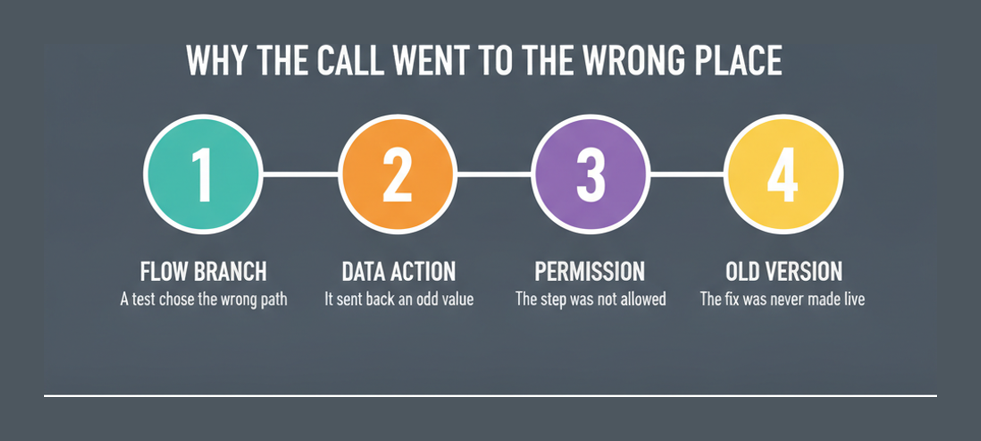 Four causes of a misrouted Genesys call: flow branch, data action, permission and an unpublished flow version