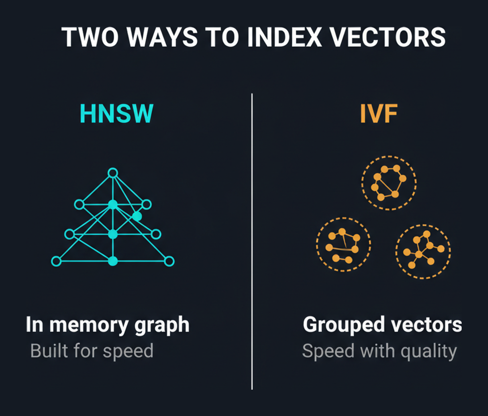 HNSW in memory graph index compared with IVF clustered partition index