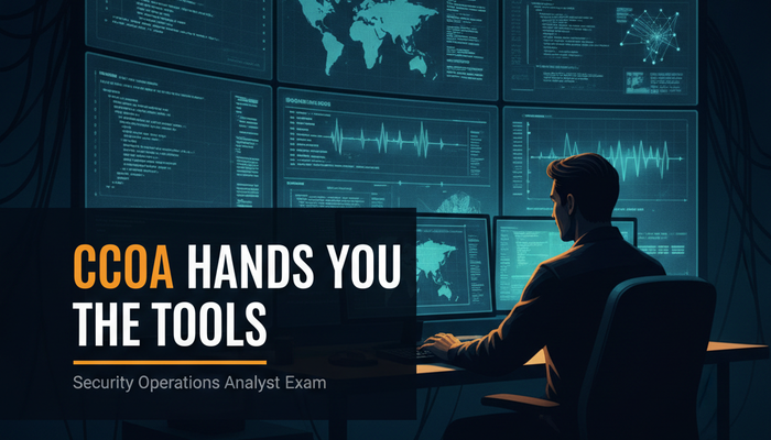 ISACA CCOA cybersecurity operations analyst certification banner showing an analyst reading packet capture and log data on a monitoring wall