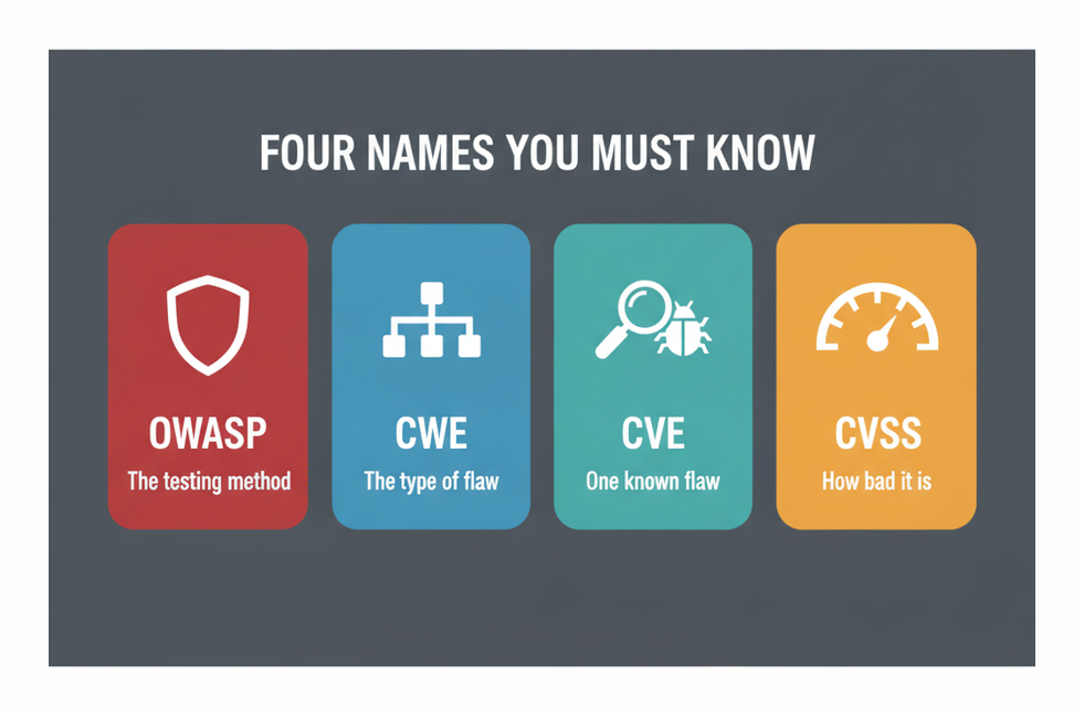 The four standards the ISTQB CT-STE exam expects you to apply: OWASP for method, CWE for flaw type, CVE for a known flaw, CVSS for severity