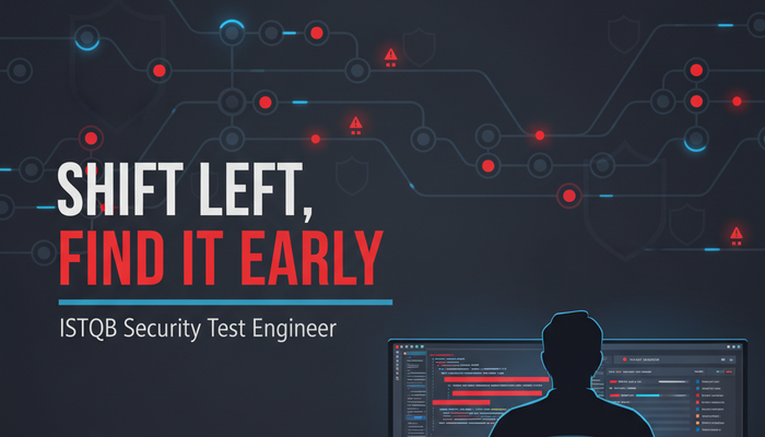 ISTQB CT-STE security test engineer certification banner showing a tester reviewing code and scored vulnerability findings across a build pipeline