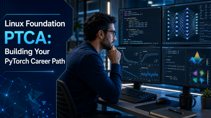 A machine learning engineer focused on PyTorch code on multiple screens, symbolizing career growth with the Linux Foundation PTCA certification.