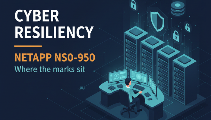 NetApp NS0-950 cyber resiliency certification banner showing an engineer reviewing ransomware detection and snapshot recovery data