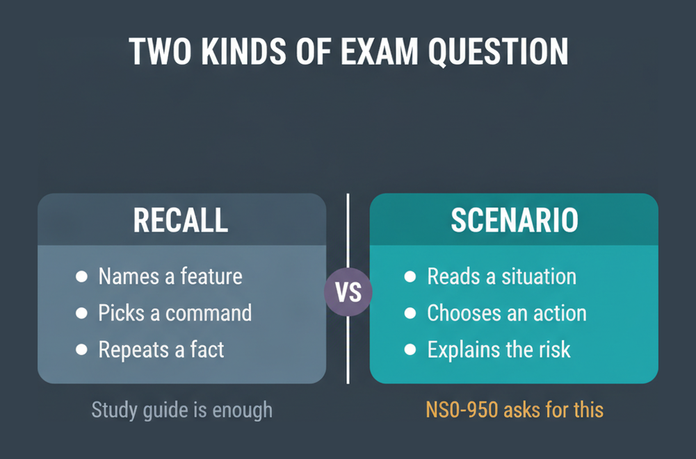 Comparison of a recall exam that names features and picks commands against the scenario style NS0-950 uses, which reads a situation, chooses an action and explains the risk
