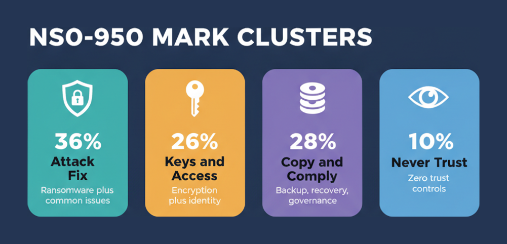 NS0-950 mark clusters showing 36 percent for ransomware and common issues, 26 percent for encryption and identity, 28 percent for backup recovery and governance, and 10 percent for zero trust