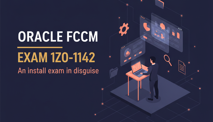 Oracle FCCM certification banner showing a consultant configuring financial crime and compliance applications across install and screening stages