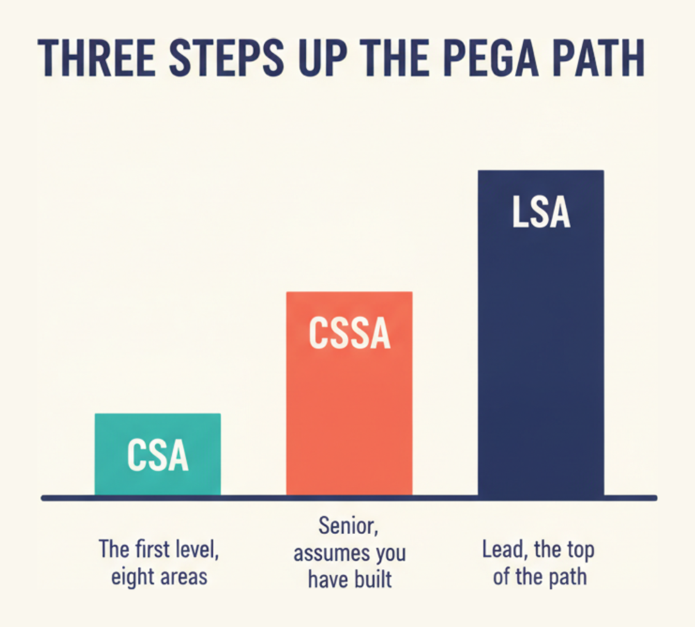 The three Pega System Architect levels as ascending steps: CSA, then CSSA, then LSA