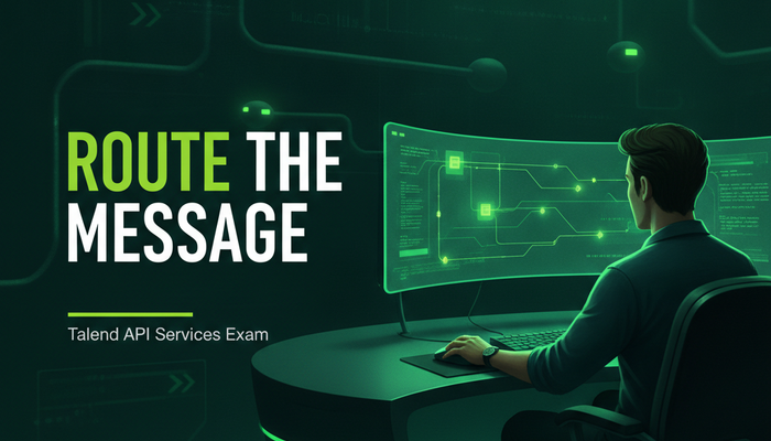 Qlik Talend API services developer certification banner showing a developer routing API messages between services
