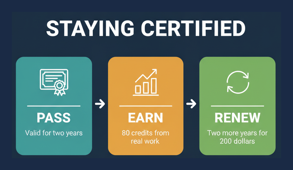 SailPoint Certified Identity Security Engineer recertification path: pass for two years, earn 80 credits, then renew for two more years