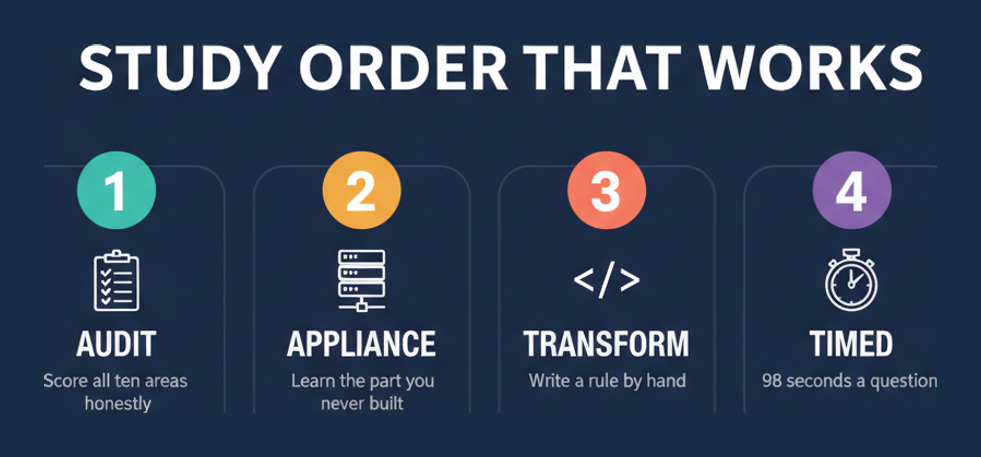 Four step study order for the SailPoint Certified Identity Security Engineer exam: audit all ten areas, learn virtual appliances, write a transform, then timed practice