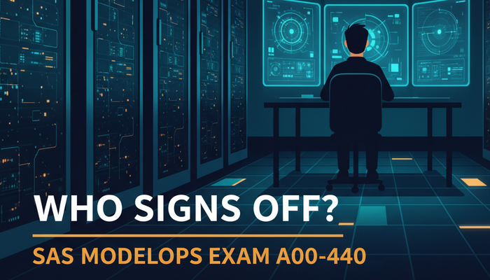 SAS A00-440 ModelOps specialist certification banner showing an analytics model moving through a governed deployment pipeline