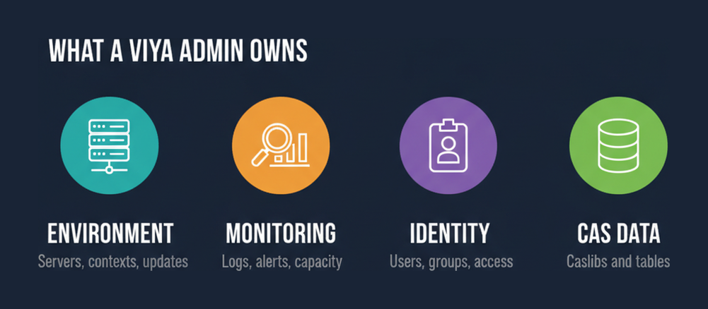 Four areas a SAS Viya administrator owns: environment, monitoring, identity and CAS data