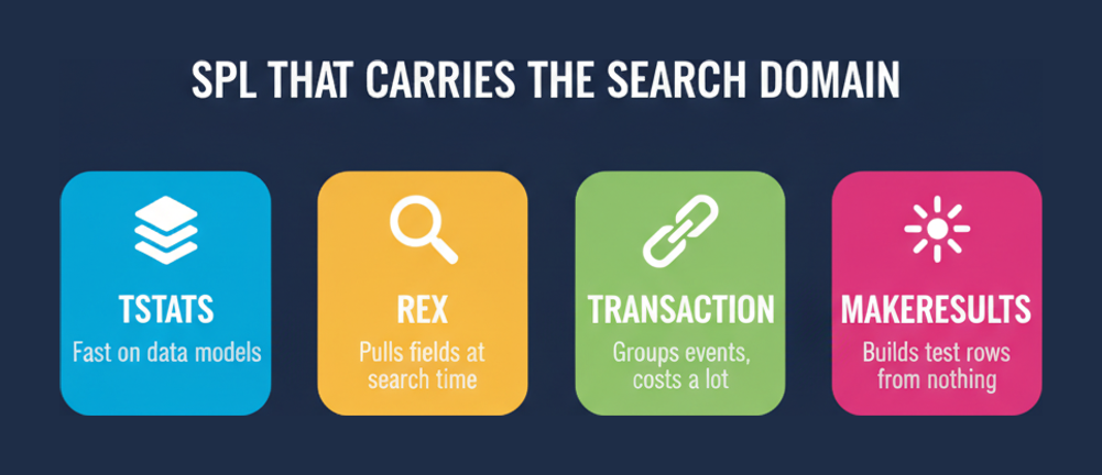 Four SPL commands named in the SPLK-5001 blueprint: TSTATS, REX, TRANSACTION and MAKERESULTS