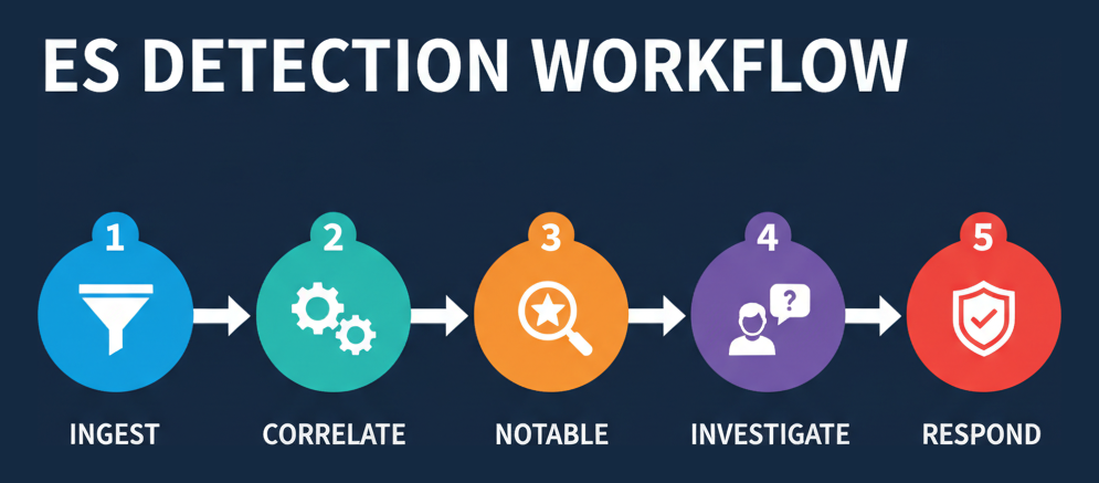 ES detection workflow: ingest, correlate, notable, investigate, respond