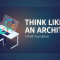 Flat illustration of an architect sketching a cyclical diagram beside the words Think Like an Architect for TOGAF Foundation