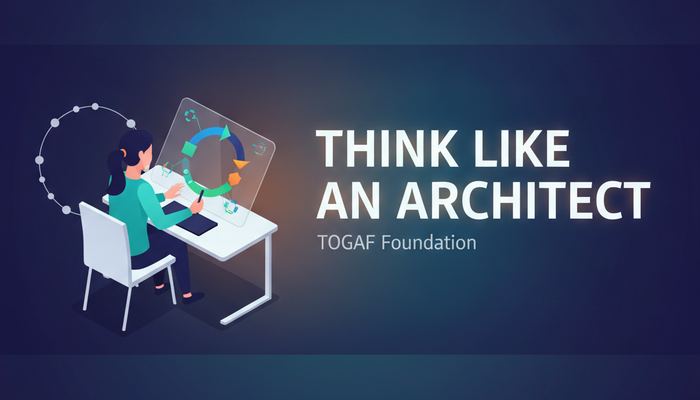 Flat illustration of an architect sketching a cyclical diagram beside the words Think Like an Architect for TOGAF Foundation