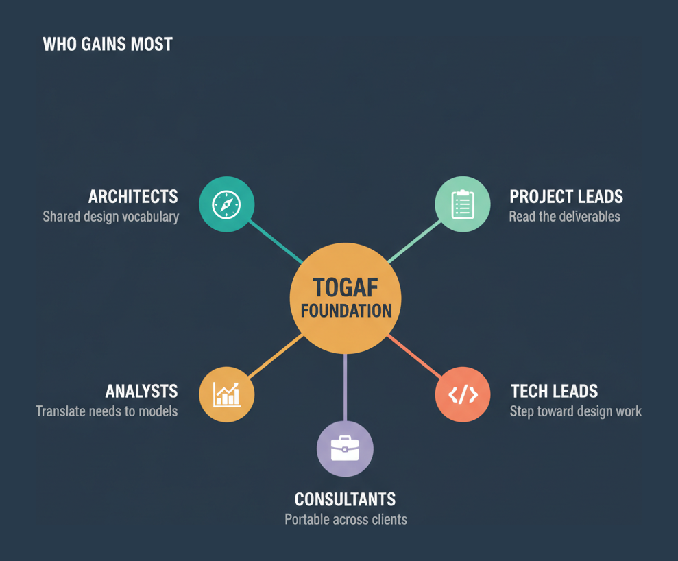 Hub and spoke diagram showing five roles that gain from TOGAF Foundation with a short benefit for each
