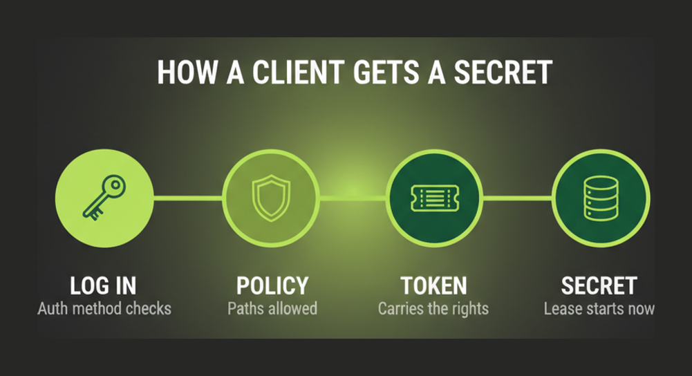 Vault request flow showing log in through an auth method, policy check, token issue and secret release with a lease