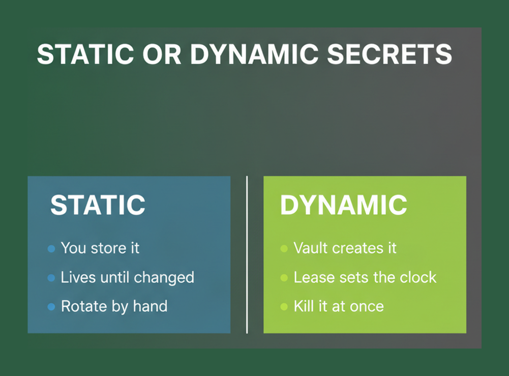 Static versus dynamic secrets compared: stored and manually rotated against Vault generated with a lease and instant revocation