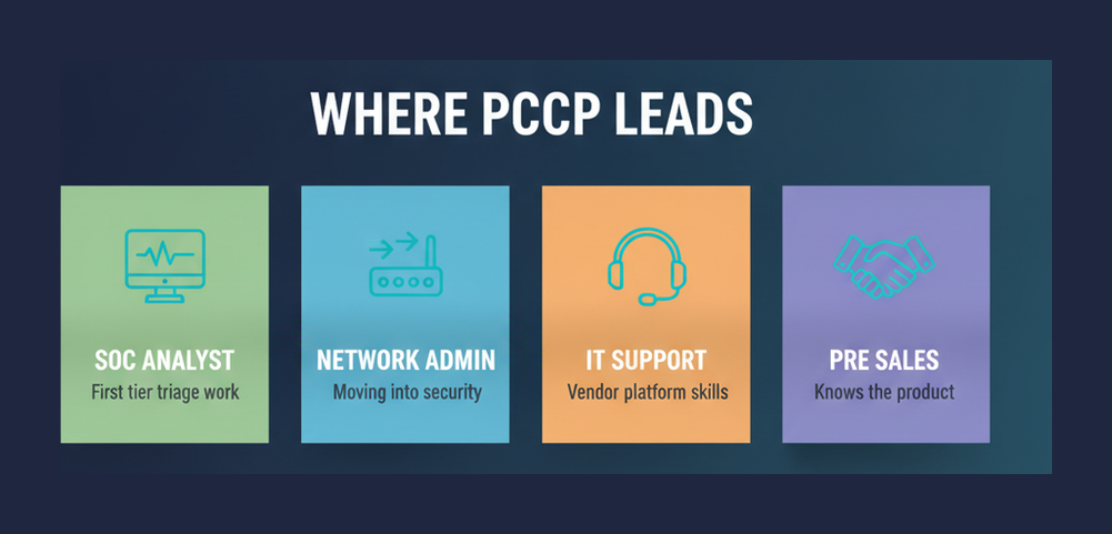 Four career paths after the Palo Alto cybersecurity practitioner certification: SOC analyst, network admin, IT support and pre sales
