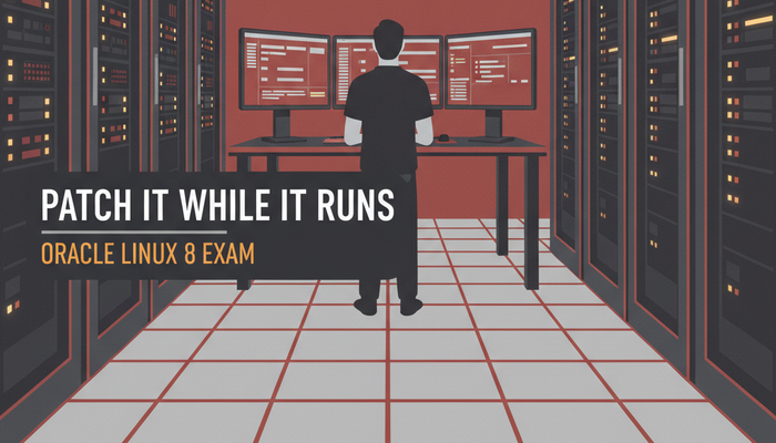 Oracle 1Z0-106 Linux 8 advanced system administration certification banner showing a sysadmin at a terminal wall in a server room