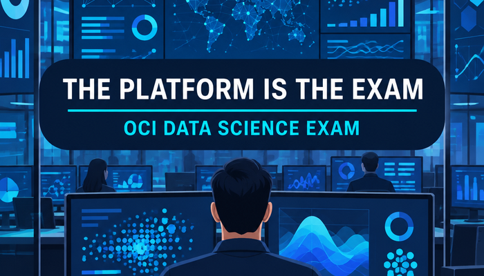 OCI Data Science Professional banner showing an analyst at a workstation in a data science operations room with abstract dashboards